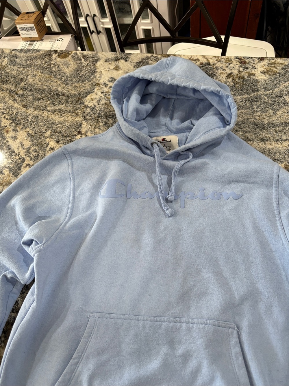 Champion Light Blue Crewneck Hoodie with Script Logo